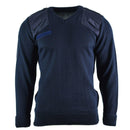 Genuine British military commando blue V-neck sweater with reinforced shoulders and name patch plate for men