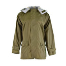 Genuine Danish army olive drab waterproof jacket with hood, adjustable cuffs, storm flap, and front pockets.