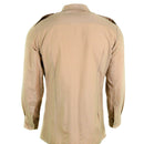 Back view of a beige genuine French army fatigue shirt made from durable poly wool fabric with long sleeves and buttoned cuffs