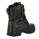 Genuine German military combat boot in black leather and green textile with lace-up fast closure and rugged sole