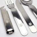 Hungarian army 4-piece stainless steel cutlery set with fork, knife, spoon, and bottle opener, military insignia stamped.