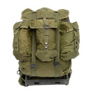 Vintage U.S. military ALICE type backpack in olive green with three outer pouches and metal frame support, 50L capacity waterproof design.