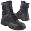 Black Magnum Centurion 8.0 tactical boots with side zipper, padded collar, leather and nylon upper, designed for comfort and durability