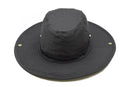 Black MFH military style wide brim boonie hat with chin strap and ventilation holes for sun protection and comfort.