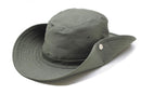 Olive green MFH military style wide brim boonie hat with ventilation holes and adjustable chin cord for outdoor activities