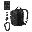Black MIL-TEC U.S. Assault Ranger tactical backpack with PVC coating, patch, grenade keychain, skull accessory, and carabiner clip.