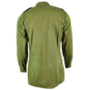 Back view of an original British Army olive green long sleeve military service shirt with epaulets and buttoned cuffs.