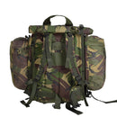 Original British military tactical backpack in DPM camouflage with padded straps and modular side pouches for hiking and camping.