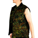 Side view of sleeveless German Army Flecktarn camo tactical vest with zipped front and multiple pockets