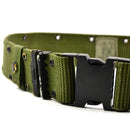 Original U.S. Army military pistol belt in olive green webbing with black metal buckle and hardware details.