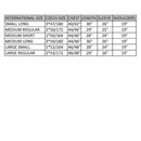Size chart for Czech M85 military field jacket showing international and Czech sizes with chest, length, sleeve, and shoulder measurements.