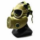 Polish Military MP-4 vintage gas mask in grey olive with rubber facepiece and adjustable straps on black mannequin bust.