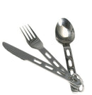 Compact stainless steel hiking cutlery set with knife, fork, and spoon linked by a metal ring for easy carrying.