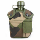 U.S. Army style M1 canteen with camouflage cover, cover cup, and pouch with alice clips for outdoor use