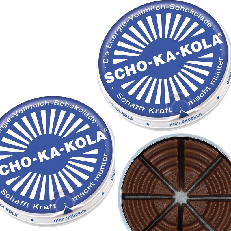 Deutsche Energiemilch-Schokolade SCHO-KA-KOLA Vollmilch 100 g Blechdose blau