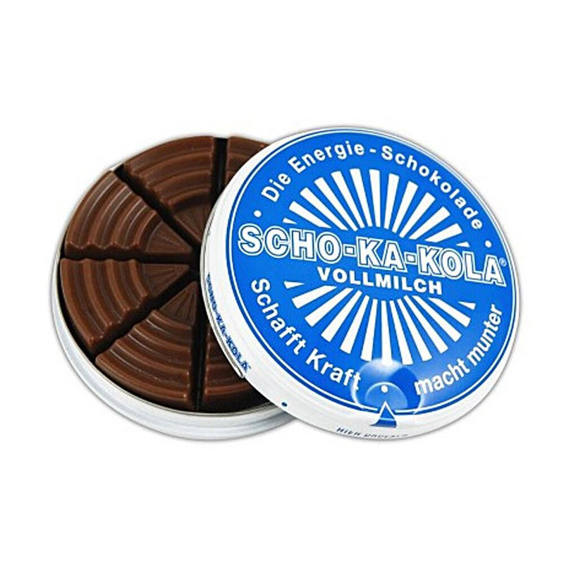 Deutsche Energiemilch-Schokolade SCHO-KA-KOLA Vollmilch 100 g Blechdose blau