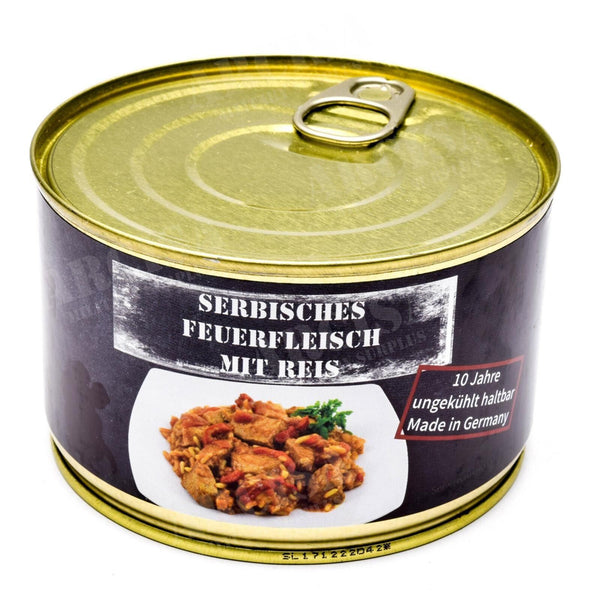 Notration Armee Überlebensnahrung Konserve Serbisches Schweinefleisch mit Reis 400g Dose