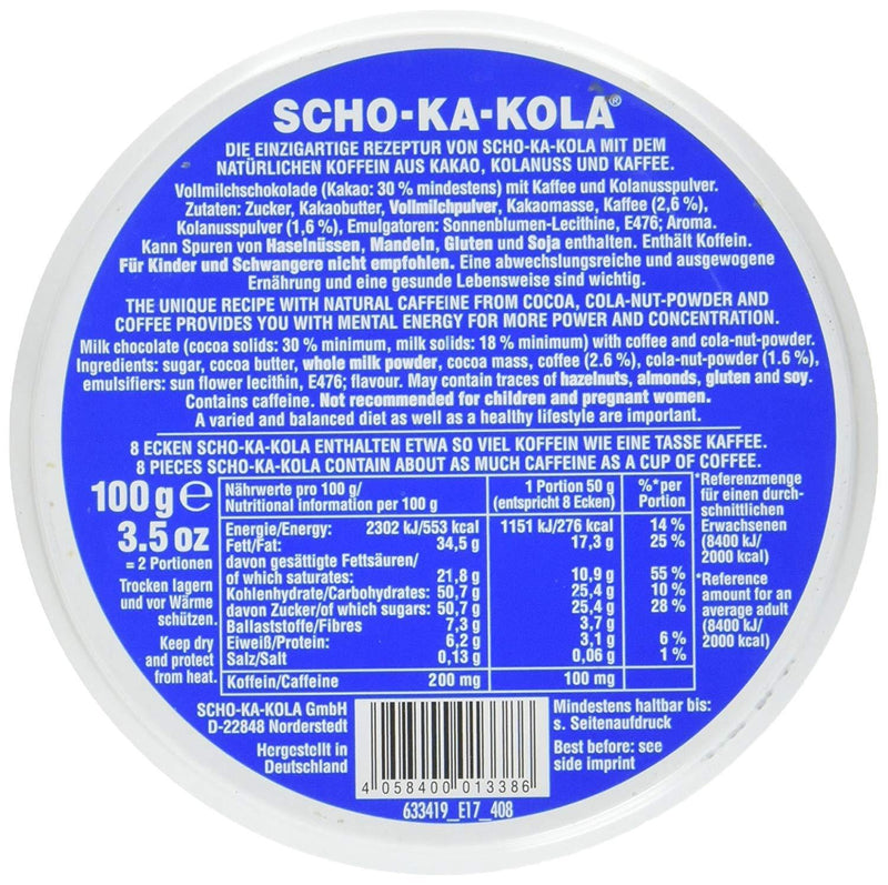 Deutsche Energiemilch-Schokolade SCHO-KA-KOLA Vollmilch 100 g Blechdose blau