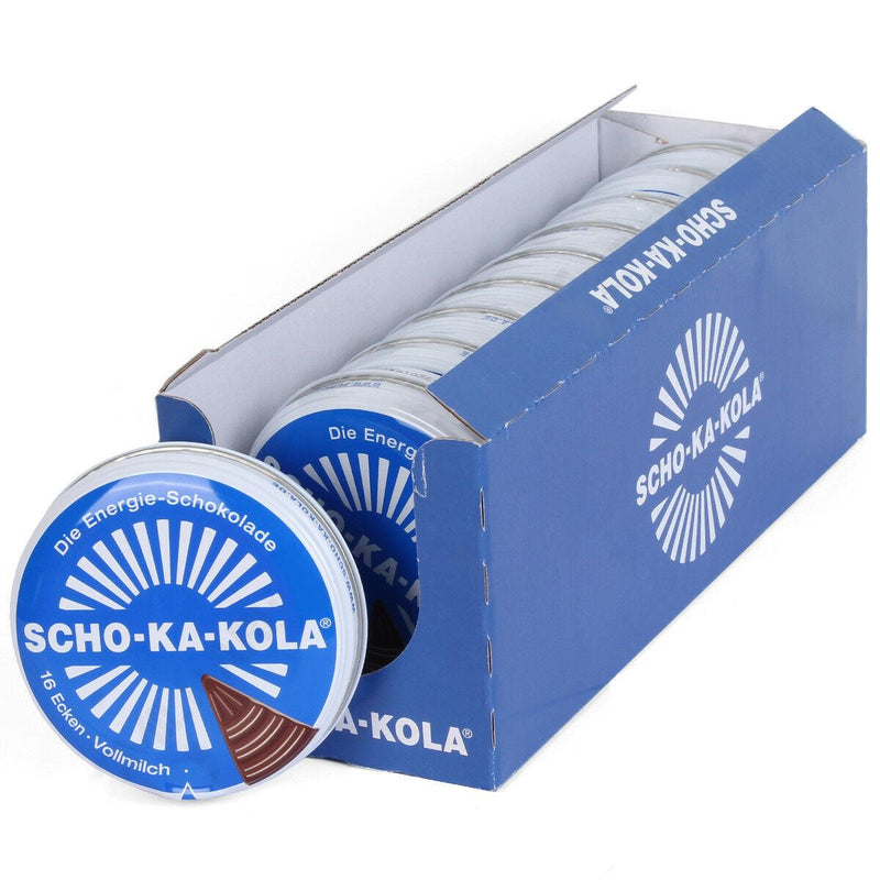 Deutsche Energiemilch-Schokolade SCHO-KA-KOLA Vollmilch 100 g Blechdose blau