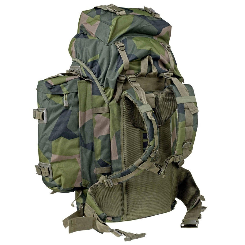 A.Blochl large 80L camo mountain hiking backpack with padded straps, hip belt, D-rings, and Molle loops for outdoor use.