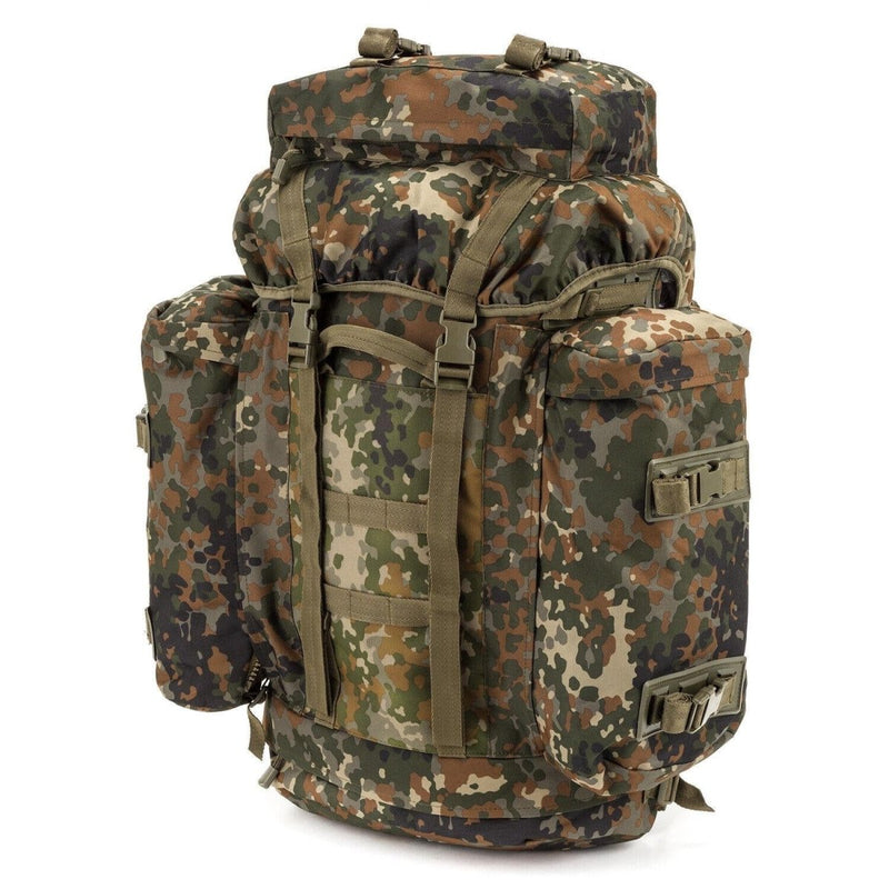 A large flecktarn camouflage A.Blochl tactical backpack with multiple compartments and adjustable straps.