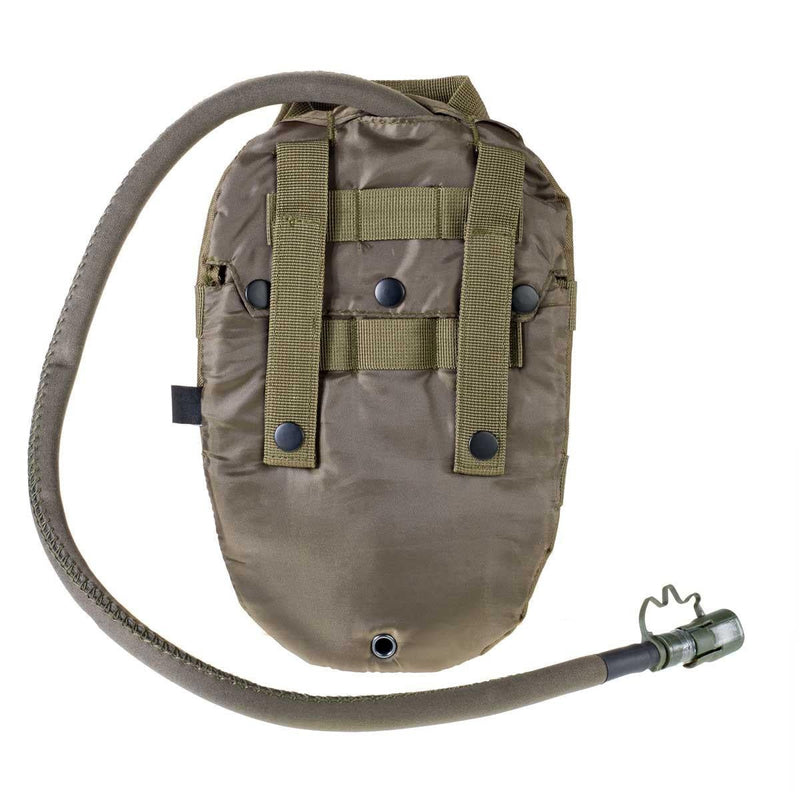 Compact olive hydration pack with 1.5-liter water bladder and MOLLE system for trekking, running, and cycling use
