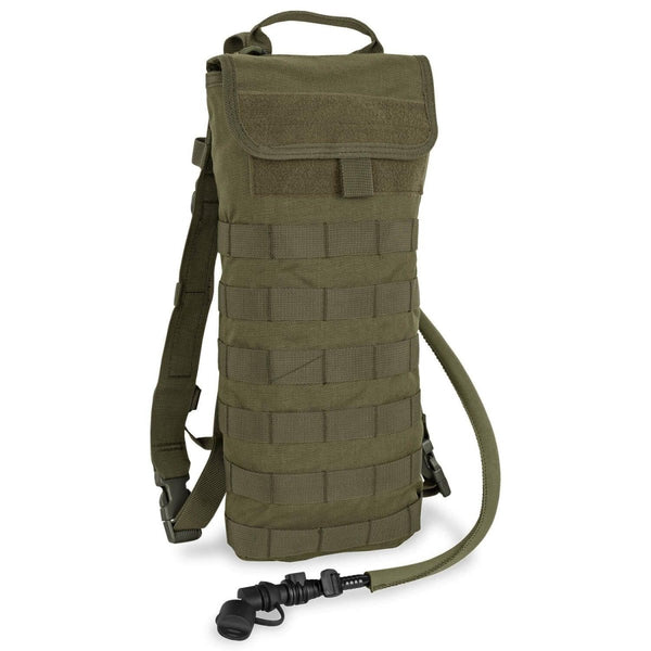 Olive green A.Blochl TF1 hydration pack with 3L capacity, MOLLE loops, and changeable drinking tube for hiking and tactical use