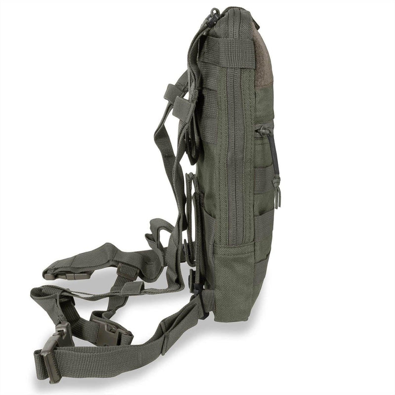 Side view of A.Blochl TF2 olive green hydration pack with MOLLE straps and adjustable shoulder harness