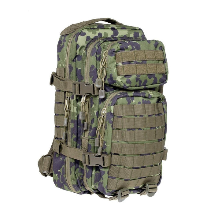 A.Blochl Angriffs-Taktik-Wander-Tagesrucksack in dänischer M84-Tarnung mit 30 l Fassungsvermögen, gepolsterten Trägern und MOLLE-Schlaufen.