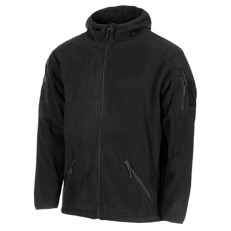 MFH Militärische schwarze taktische Fleecejacke mit Thermo-Kapuze und elastischem Saum NEU