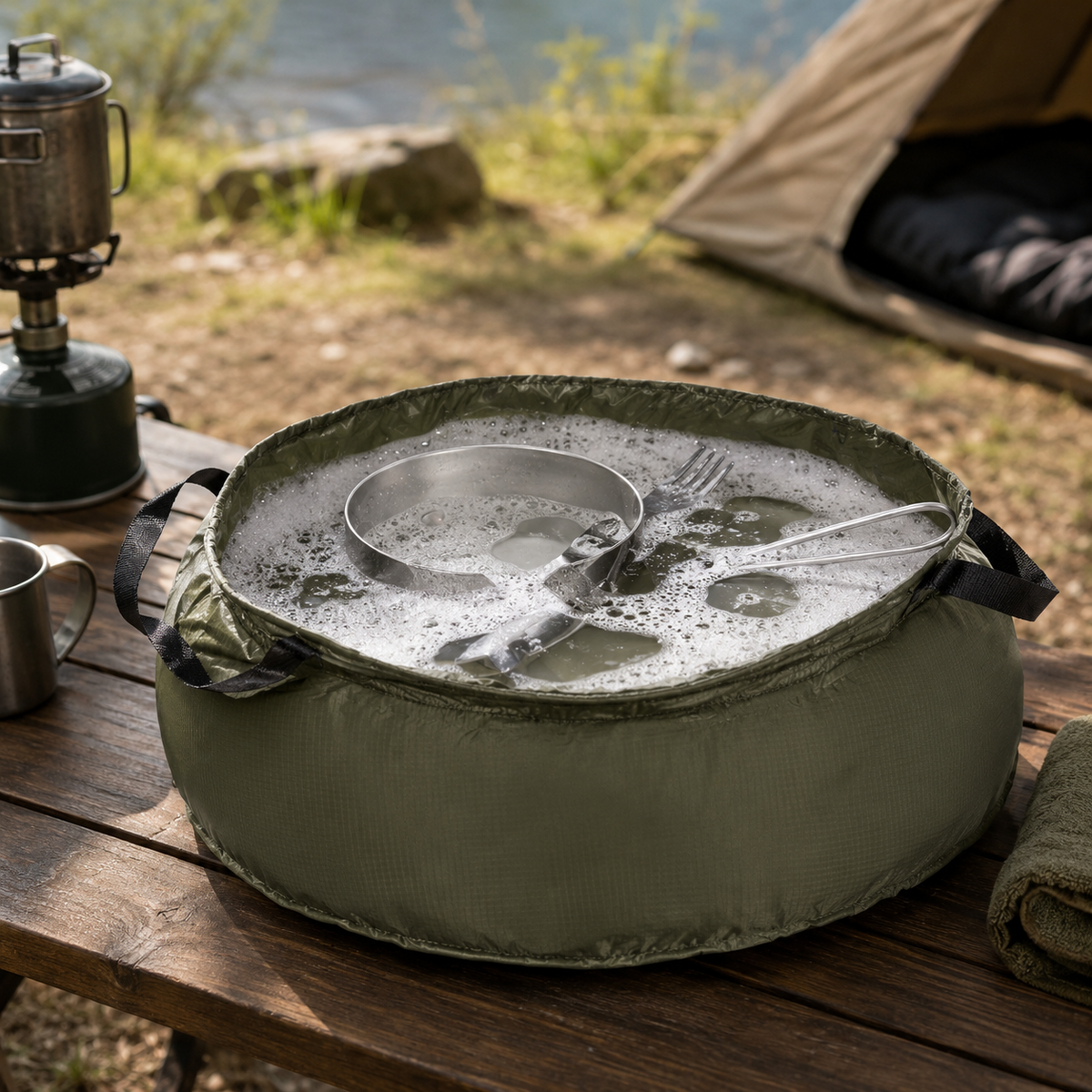 Mil-Tec faltbare Nylonschüssel, 10 l Außendurchmesser, grün, Camping-Waschbecken, verstaubar