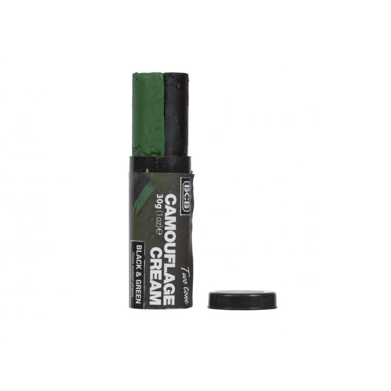 Green camouflage cream stick with black cap on a white background