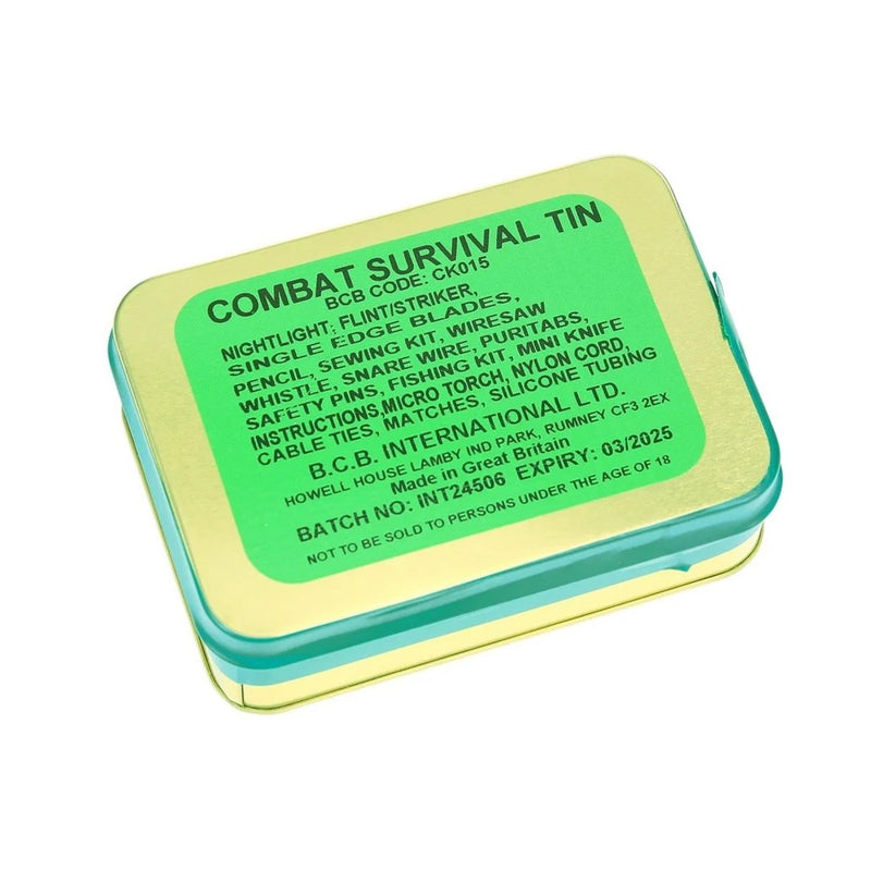 Combat survival tin with green label on a white background