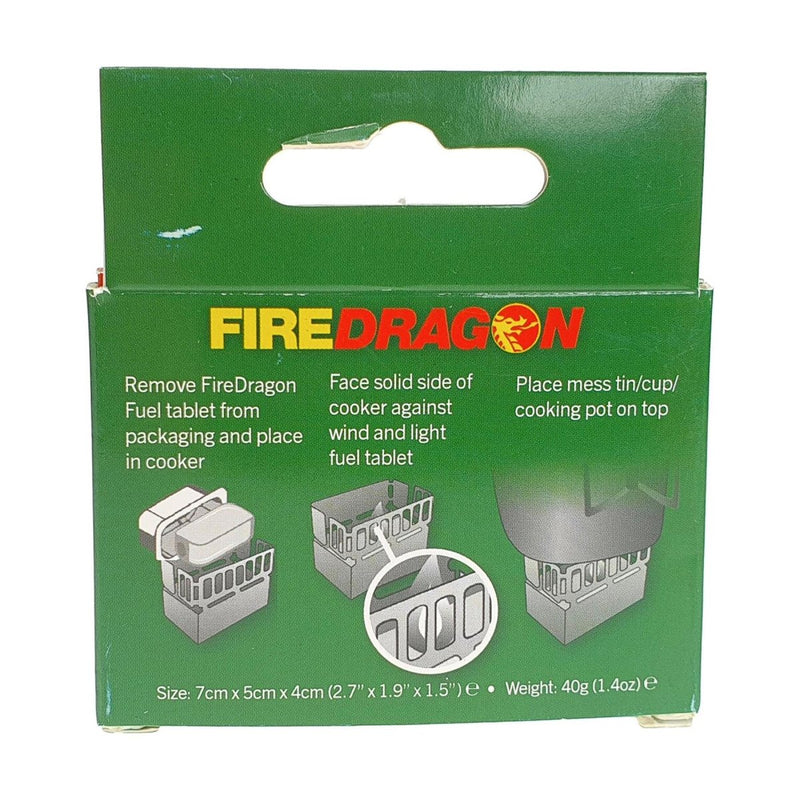 Packaging of BCB FireDragon Mini Cooker MK2 with usage instructions and stove dimensions on green background