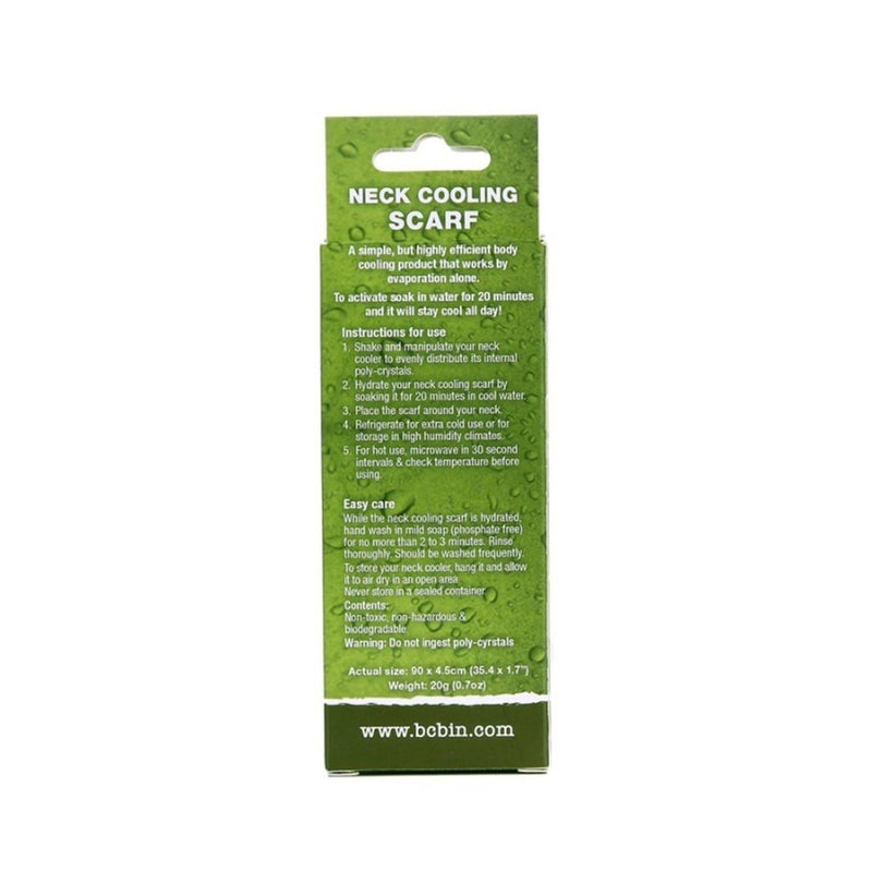 Green packaging of a neck cooling scarf with text on a white background