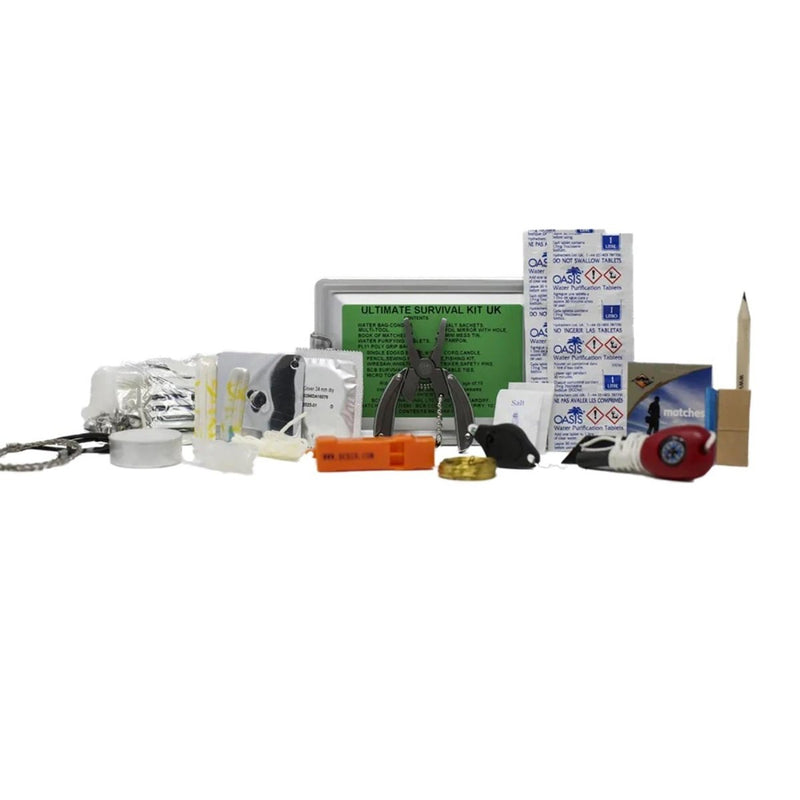 Collection of survival kit items on a white background