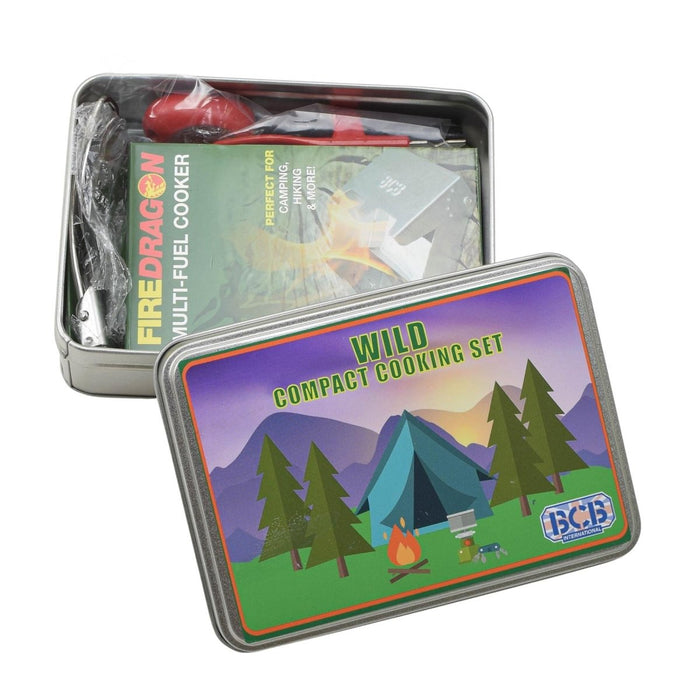 BCB WILD kompaktes Camping-Kochset mit Festbrennstoffkocher, Löffel, Dosenöffner und Aufbewahrungsdose für Wanderungen im Freien.