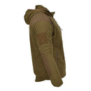 Blochl Brand coyote brown military style hooded thermal fleece jacket with reinforced elbow patches and zippered pockets.