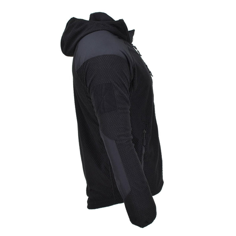 Side view of black Blochl military style thermal fleece jacket with hood and reinforced elbow patches