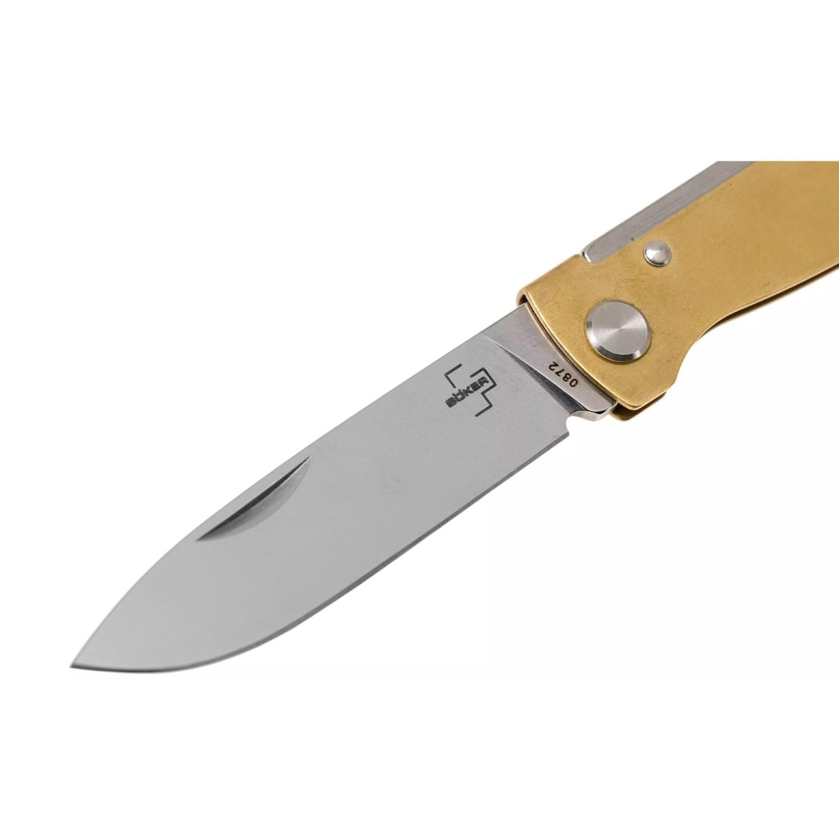 Böker Plus Atlas Slipjoint-Taschenmesser, Griff aus satiniertem Drop-Point-Messing