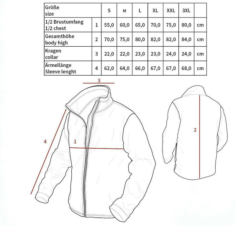 Size chart and measurements for military style combat jacket with chest, collar, body height, and sleeve length details