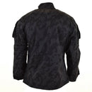 Back view of Brand military style combat jacket in ACU ripstop night camo with pockets and adjustable cuffs
