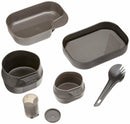 Swedish Wildo camp box camping kit in olive green with plates, cups, and spork for outdoor dining essentials