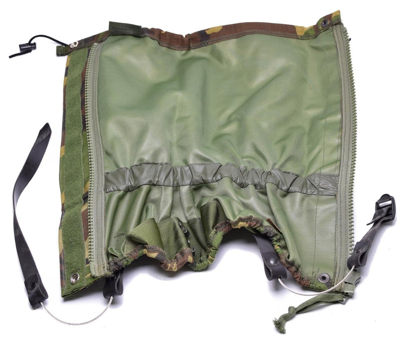 British army gaiters in DPM Woodland, durable Cordura fabric with zipper, drawstrings, and steel rope straps for secure fit.