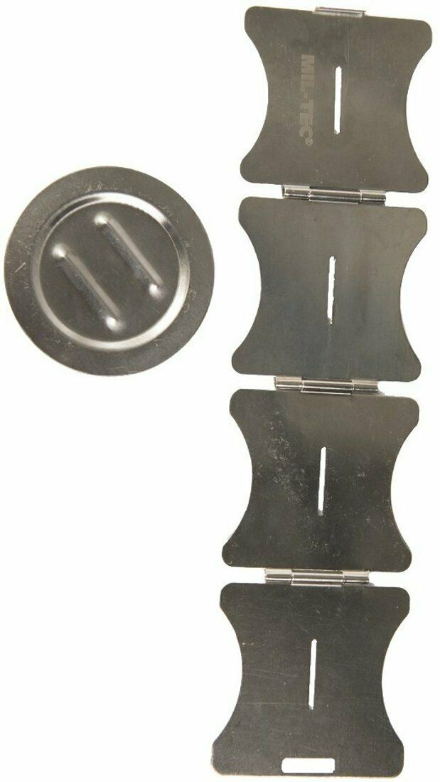 Foldable stainless steel camping stove parts laid flat with circular base for portable outdoor cooking.