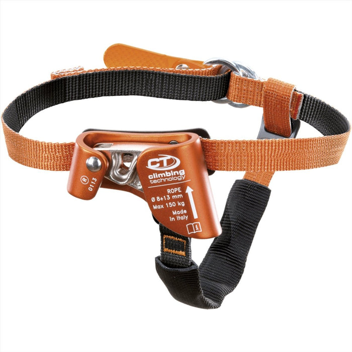 Climbing Technology QUICK STEP-S Steigklemme für den rechten Fuß mit verstellbarem orangefarbenem Riemen für 8–13 mm Seilklettern und Sicherheit