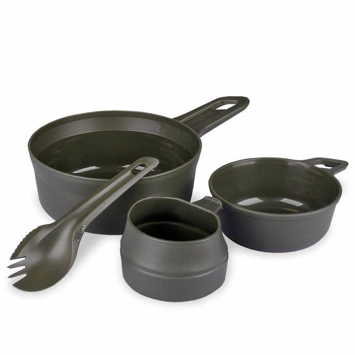 Olivgrünes, BPA-freies Wildo-Messerset für den Außenbereich mit großer Schüssel, kleiner Schüssel, Klappbecher und Göffel für Campingmahlzeiten.