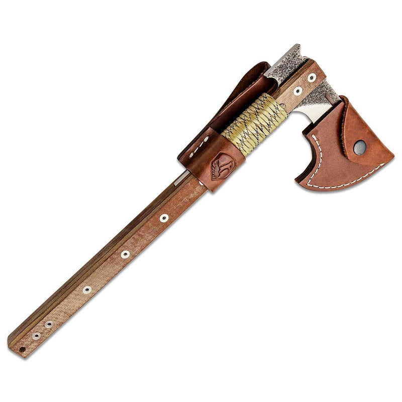 Condor Hawk Axe tactical hatchet with carbon steel blade, Micarta handle, and leather sheath for outdoor bushcraft use.