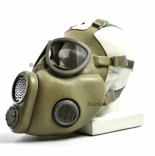 Authentic Czechoslovakian military M-10 gas mask from Cold War era, rubber construction, full working set.