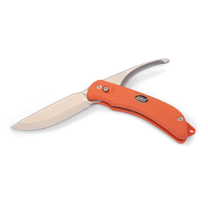 EKA schwedisches Fischermesser G3 mit Darmhaken, 59 HRC-Stahlklingen und orangefarbenem, ergonomischem Proflex-Griff.